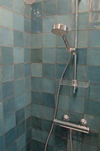 y baño de azulejos azules con ducha y cabezal de ducha. en Aux Aguesses buissonnières, en Durbuy