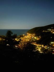 a view of a city at night with the ocean at Solarolo Village in Moneglia