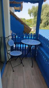 2 mesas y sillas en una habitación con ventana en Wild Carp en Dunavăţu de Jos