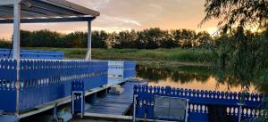 a dock with a blue fence next to a lake at Wild Carp in Dunavăţu de Jos