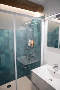 a bathroom with a glass shower and a sink at Aux Aguesses buissonnières in Durbuy