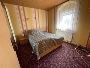 Schlafzimmer mit einem Bett und einem Fenster in der Unterkunft Fremdenzimmer Nossen in Nossen