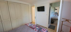 a room with a bed and a television in it at "à casita" villa 8 personnes avec piscine in Moriani Plage