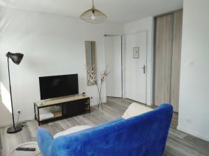 un salon avec un canapé bleu et une télévision dans l'établissement Charmant T1 bis dans un quartier calme, à Brest