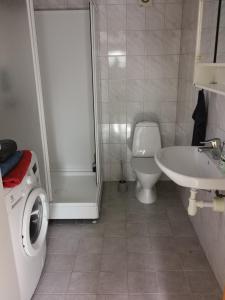 een badkamer met een wasmachine en een wastafel bij Gotland, Hästgård i Stånga in Stånga