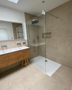 a bathroom with a glass shower and a sink at Mittendrin Ortenau -keine Monteurwohnung- in Kehl am Rhein