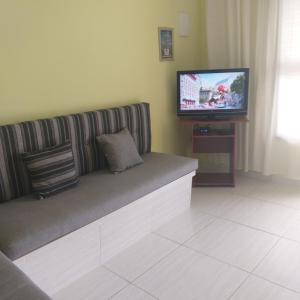 a couch sitting in a living room with a television at Jane Ilha in Ilha Comprida