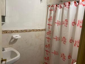 a bathroom with a shower curtain with writing on it at Kaiken - Hostel & Departamentos in El Chalten