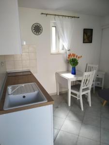 a kitchen with a sink and a table at Apartment Zdenka in Veli Lošinj