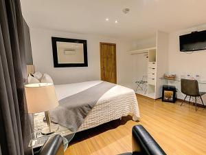 a bedroom with a bed and a desk with a chair at Hotel CLARUM 101 in Guadalajara