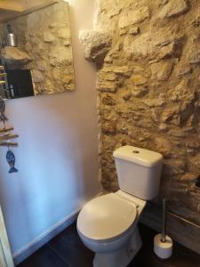 a bathroom with a white toilet and a stone wall at Casa da Portela in Caminha