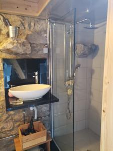 een badkamer met een wastafel en een glazen douche bij Casa da Portela in Caminha