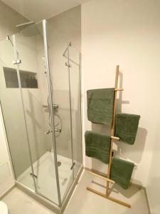 een badkamer met een douche en groene handdoeken bij DOCK 12 - Exklusives Cityapartment in Bremerhaven