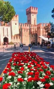 un bouquet de fleurs rouges devant un château dans l'établissement Tourist room "Agata", à Sirmione