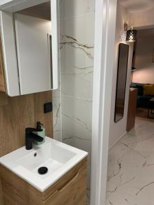 a bathroom with a white sink and a mirror at PM RESIDENCE KORFANTEGO 8 in Katowice