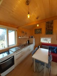 a kitchen with a table and chairs in a cabin at Cosy Cottage in Golden Circle near Thingvellir in Vaðlækir