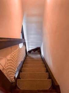 klatka schodowa w budynku z brązowymi schodami i klatką schodową w obiekcie Mad House Apartment 2, Terme Čatež w mieście Brežice