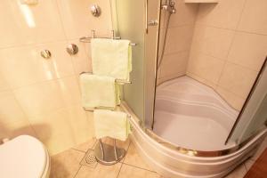 a bathroom with a shower and a toilet and towels at Apartment Mario with Terrace and Sea View in Baška +25 photos