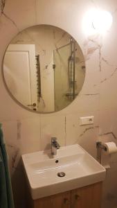La salle de bains est pourvue d'un lavabo et d'un miroir. dans l'établissement Apartamentų Nuoma MiniLiux, à Palanga