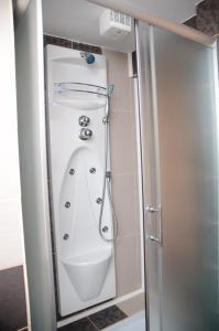 a bathroom with a shower with a toilet in it at Pensiunea Beny in Târgu Jiu