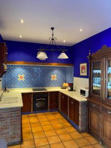 a blue kitchen with a sink and a dishwasher at Casa Rural Mirador del Castillo in Almodóvar del Río