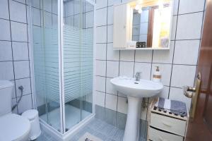 a bathroom with a glass shower and a sink at Casa Del Paese in Avliótai +23 photos