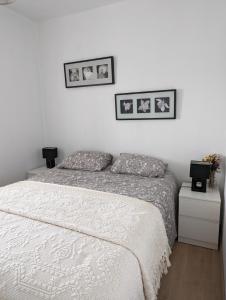 1 dormitorio con 1 cama y 2 cuadros en la pared en Casa da Mata, en Paredes de Coura