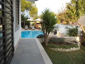 a swimming pool with a palm tree next to a house at Gens Mundi B&B in Ostia Antica