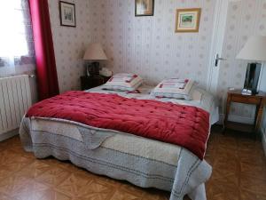 トレシー・シュル・メールにあるLes Galetsのベッドルーム1室(赤毛布付きの大型ベッド1台付)