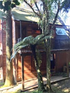 a wooden house with a deck and two trees at Chalé Romântico - Gramado in Gramado