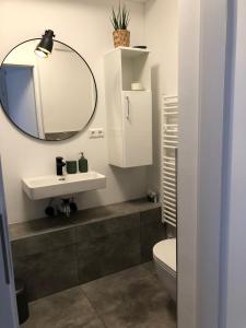 ein Badezimmer mit einem Waschbecken, einem Spiegel und einem WC in der Unterkunft Lendhafen in Klagenfurt am Wörthersee