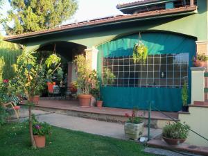 a house with a blue garage with potted plants at Tavernamici in Anguillara Sabazia