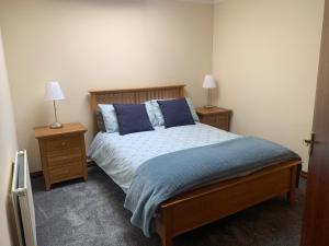 1 dormitorio con 1 cama con almohadas azules y 2 mesitas de noche en Charming Parlour Cottage at Tinto Retreats near Biggar en Wiston