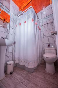 a bathroom with a toilet and a shower curtain at Hotel Parina Atacama in San Pedro de Atacama