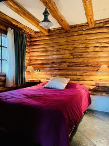 sypialnia z drewnianą ścianą i łóżkiem w obiekcie Cabaña en la costa del Lago Futalaufquen - Parque Nacional Los Alerces w mieście Esquel
