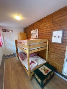 a bedroom with two bunk beds in a room at Hütte für Naturliebhaber - Kinder/ Ponyreiten in Zella-Mehlis