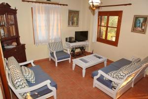 salon z krzesłami, stołem i telewizorem w obiekcie Villa Maria O w mieście Skopelos