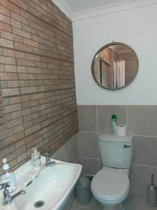 a bathroom with a sink and a toilet and a mirror at The Cottage in Grahamstown