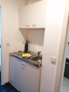 una pequeña cocina con fregadero y encimera en Kranichsee-Apartment, en Goslar