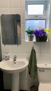 ein Badezimmer mit einem Waschbecken und ein Fenster mit Blumen in der Unterkunft Apartment in City centre, 4 guests, CAR PARK in Doncaster