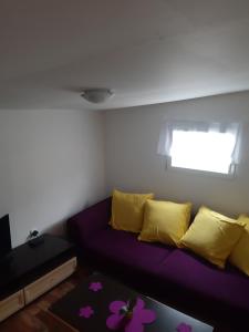 a living room with a purple couch and yellow pillows at Ubytovanie v súkromí in Dolné Plachtince