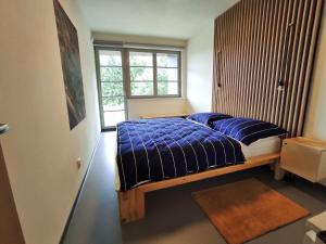um quarto com uma cama com lençóis azuis e uma janela em Apartmán SVAN B2 em Říčky