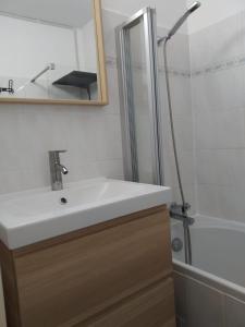 un bagno con un lavandino bianco e una doccia di Appartement agréable à deux pas du plan d'eau a Embrun