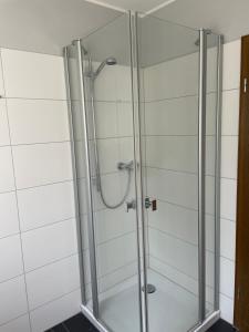 eine Dusche mit Glastür im Bad in der Unterkunft Ferienwohnung Fröschenpuhl NEU in Traben-Trarbach