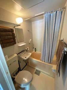 La salle de bains est pourvue de toilettes, d'un lavabo et d'une douche. dans l'établissement 秘密基地 NO's ARROW ノーズアロー, à Onna