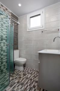 a bathroom with a toilet and a sink and a shower at Photographer's Apartments in Alikanas