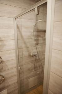 a shower with a glass door in a bathroom at Prie Pušyno in Birštonas