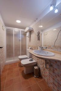 een badkamer met een toilet, een wastafel en een douche bij Hostal EL GRIEL NO DISPONEMOS DE RECEPCIÓN FÍSICA in Hervás