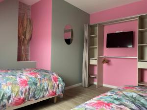 1 dormitorio con paredes rosas, 1 cama y TV en Gîtes De Saint Rémy en Villers-Cotterêts