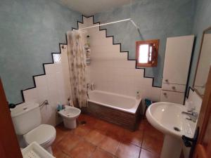CASA PETRA : Bonita casa rural en Yunquera في Yunquera: حمام مع مرحاض بالوعة ودرج